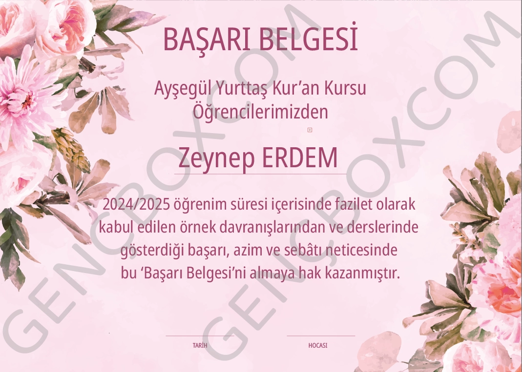 Pembe Çiçekli Başarı Belgesi - İsimli