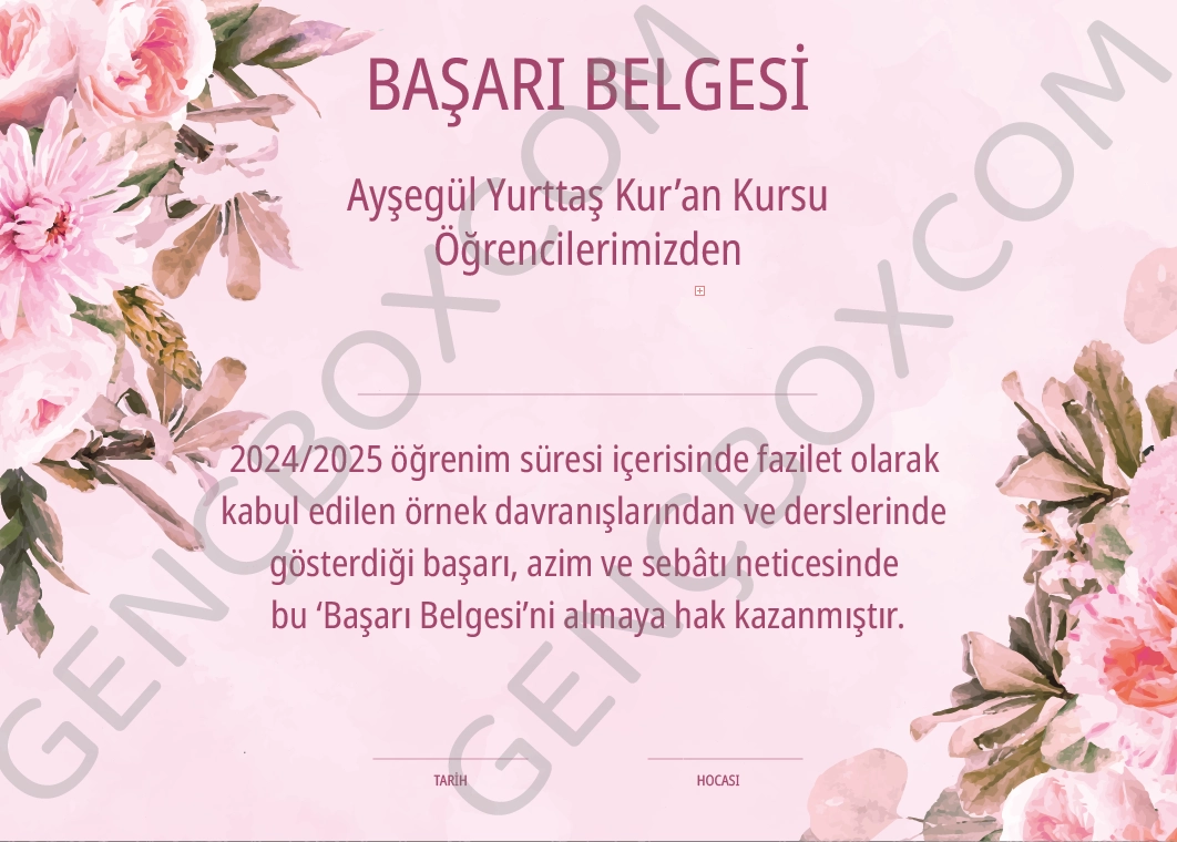 Pembe Çiçekli Başarı Belgesi - İsimsiz