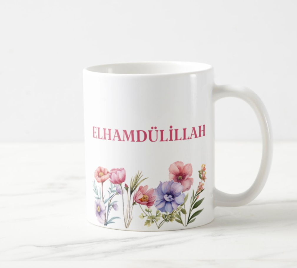 Bismillah Elhamdülillah Çiçekli Kupa Bardak