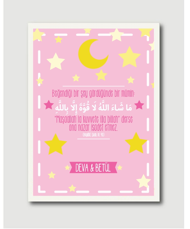 Kişiye Özel Hilal ve Nazar Maşaallah Bebek İsimli Tablo (Pembe)