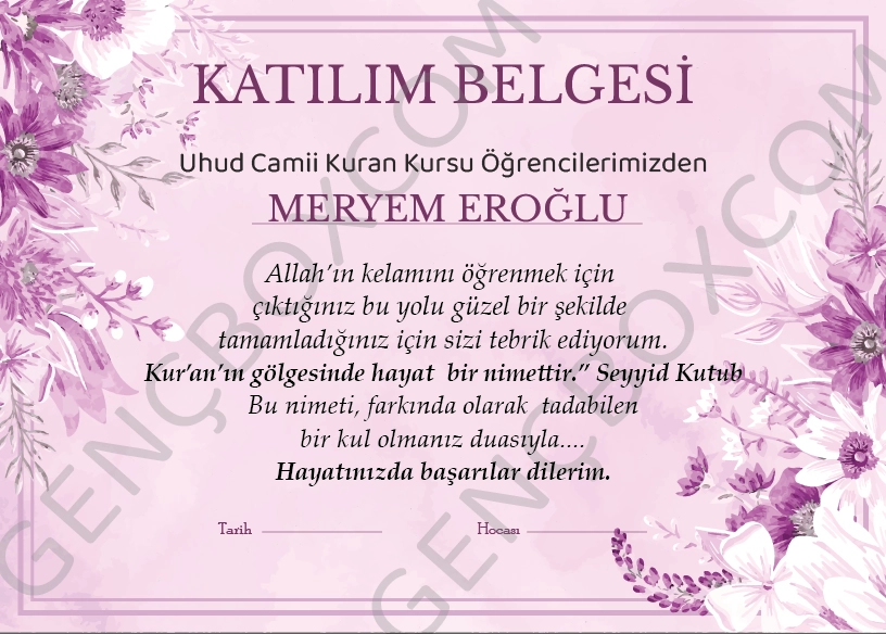 Mor Çiçekli Katılım Belgesi - İsimli