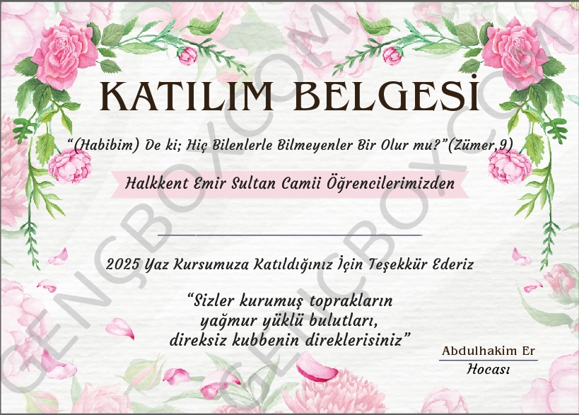 Pembe Çiçek ve Yaprak Desenli Katılım Belgesi - İsimsiz