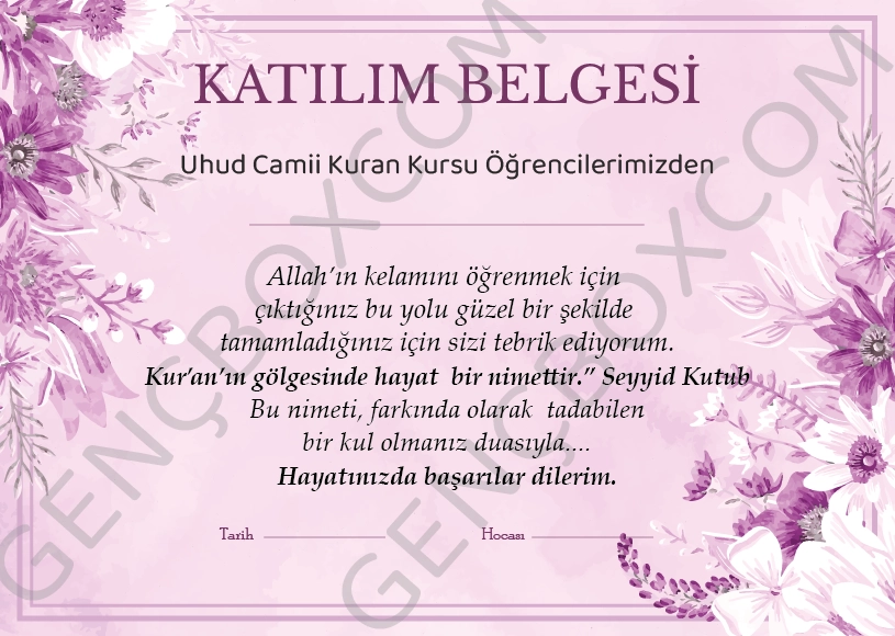 Mor Çiçekli Katılım Belgesi - İsimsiz