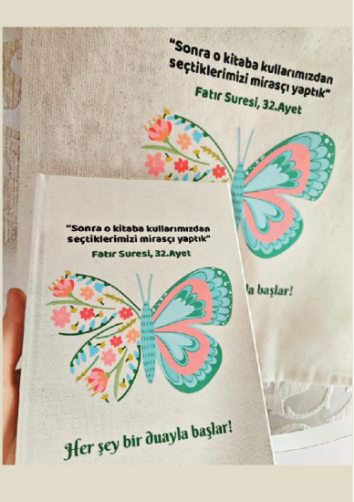 Kelebek Baskılı Kanvas Defter ve Ham Bez Çanta (Ayeti Kerime Yazılı)