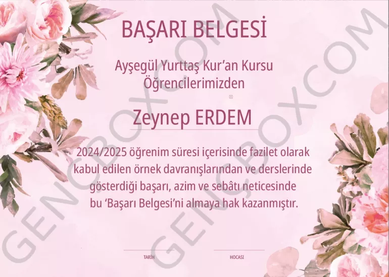 Pembe Çiçekli Başarı Belgesi - İsimli