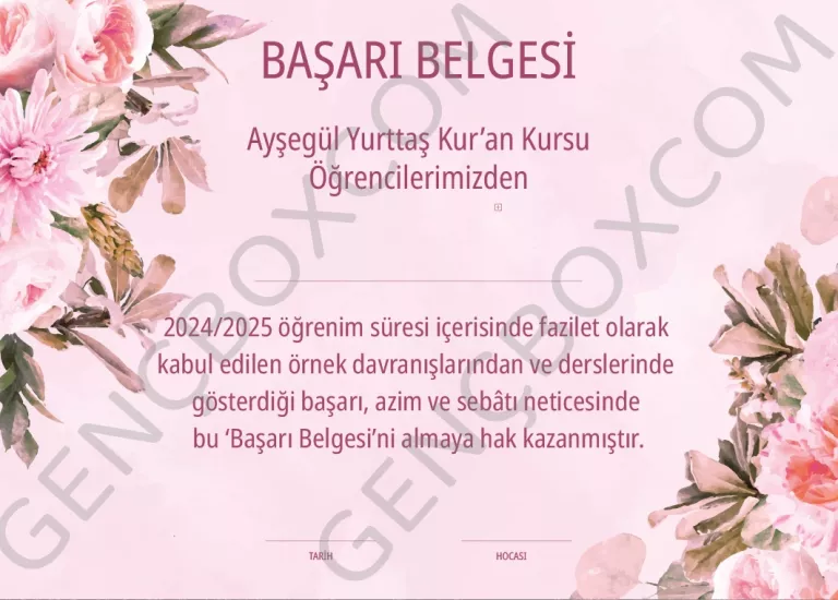 Pembe Çiçekli Başarı Belgesi - İsimsiz