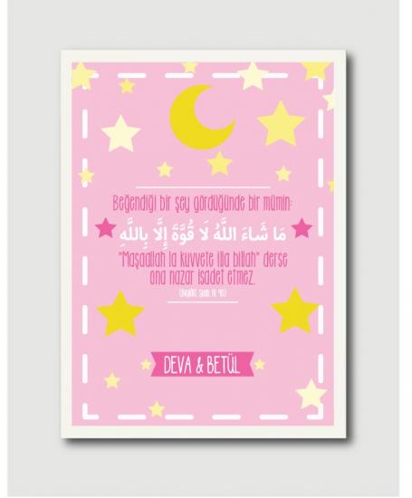 Kişiye Özel Hilal ve Nazar Maşaallah Bebek İsimli Tablo (Pembe)