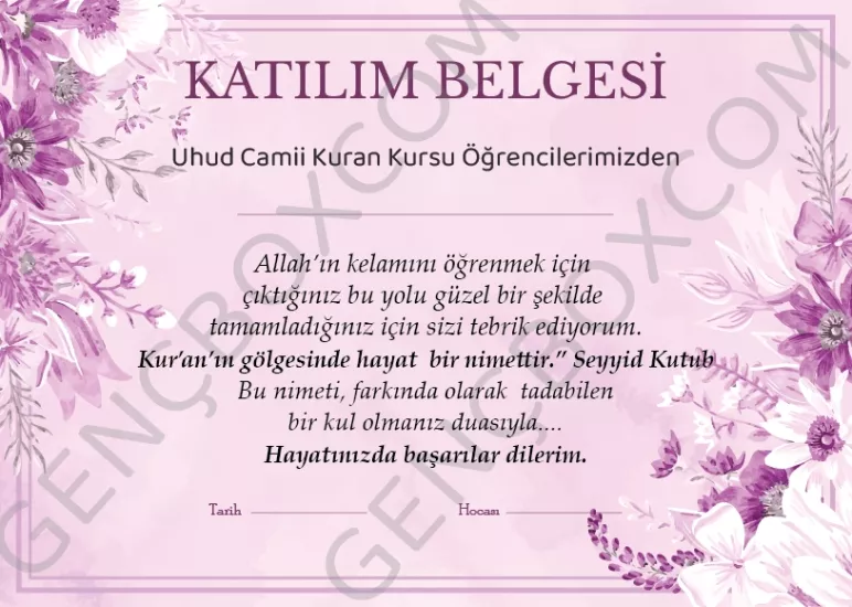 Mor Çiçekli Katılım Belgesi - İsimsiz