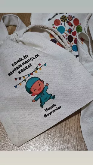 Erkek Çocuk Vektörlü İsimli Tek Kulplu Tutmalı Kese (15*20)
