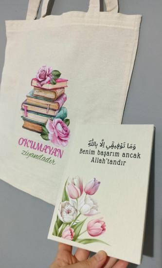 Pembe Renkli Çiçekler Ham Bez Çanta ve Kamvas Defter