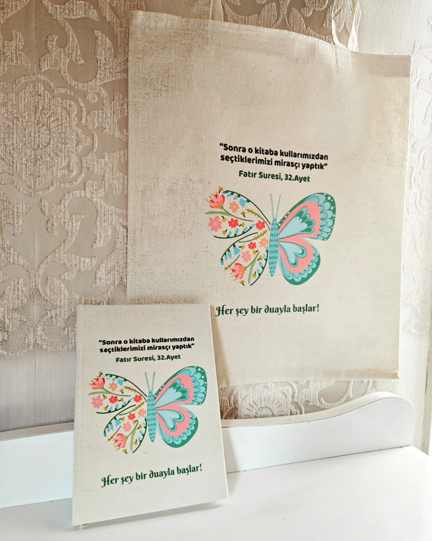 Kelebek Baskılı Kanvas Defter ve Ham Bez Çanta (Ayeti Kerime Yazılı)