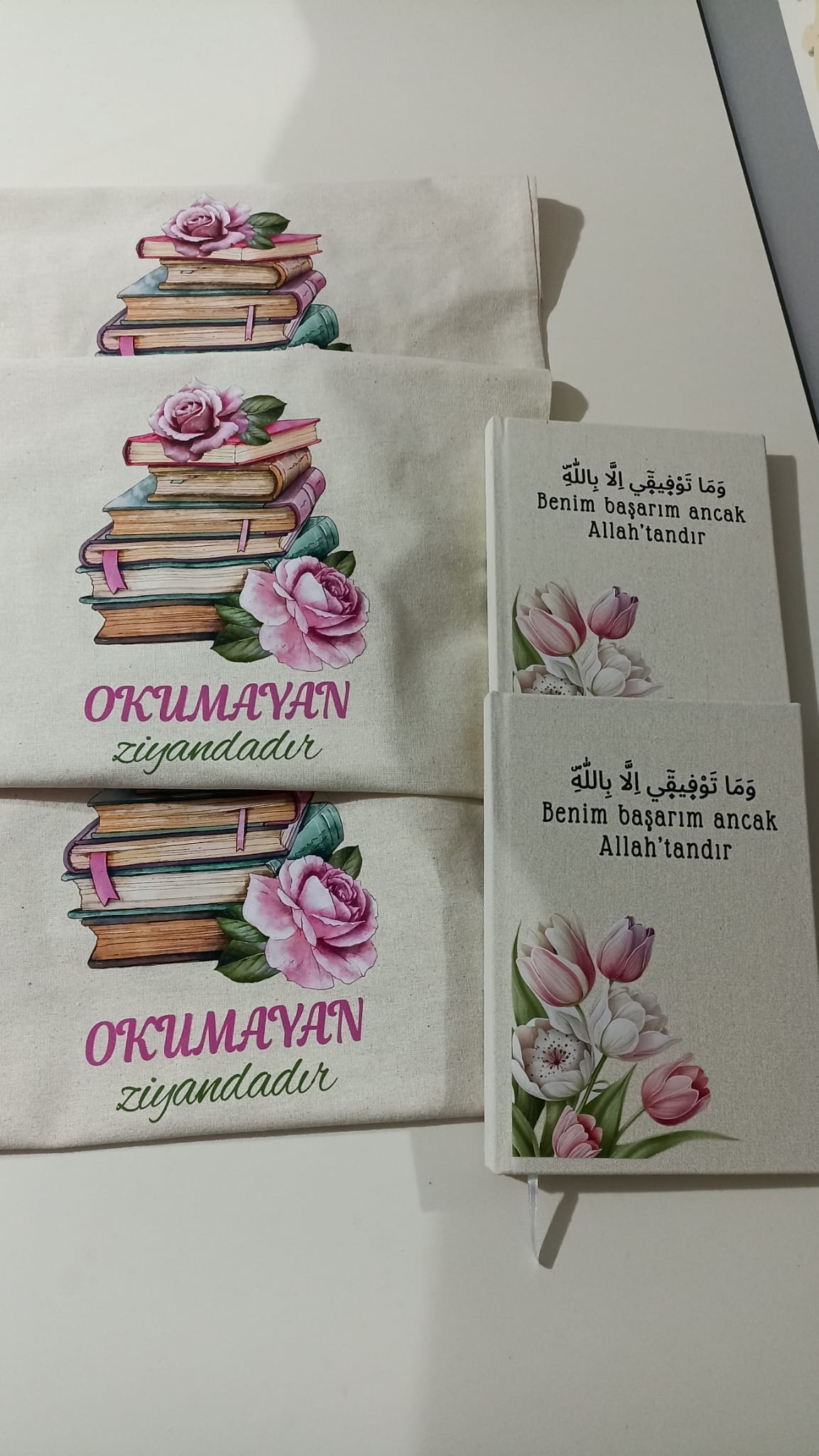 Pembe Renkli Çiçekler Ham Bez Çanta ve Kamvas Defter