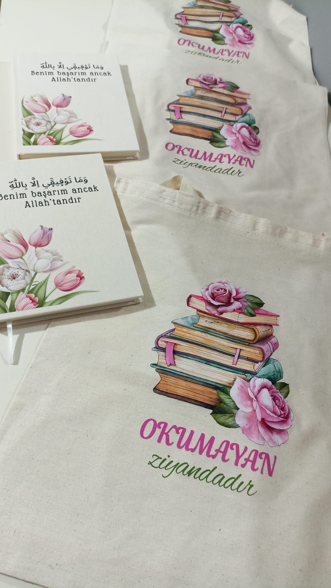 Pembe Renkli Çiçekler Ham Bez Çanta ve Kamvas Defter