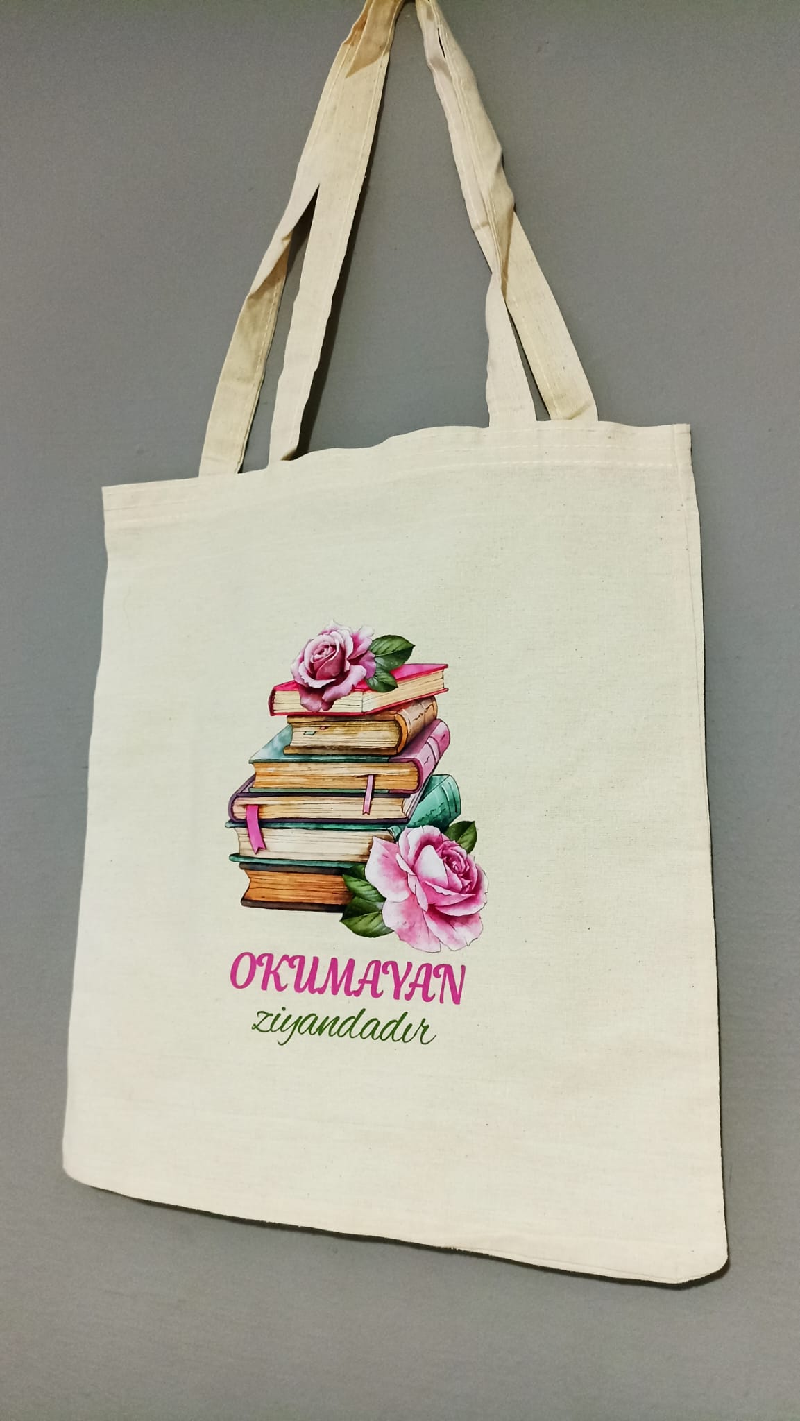 Pembe Renkli Çiçekler Ham Bez Çanta ve Kamvas Defter