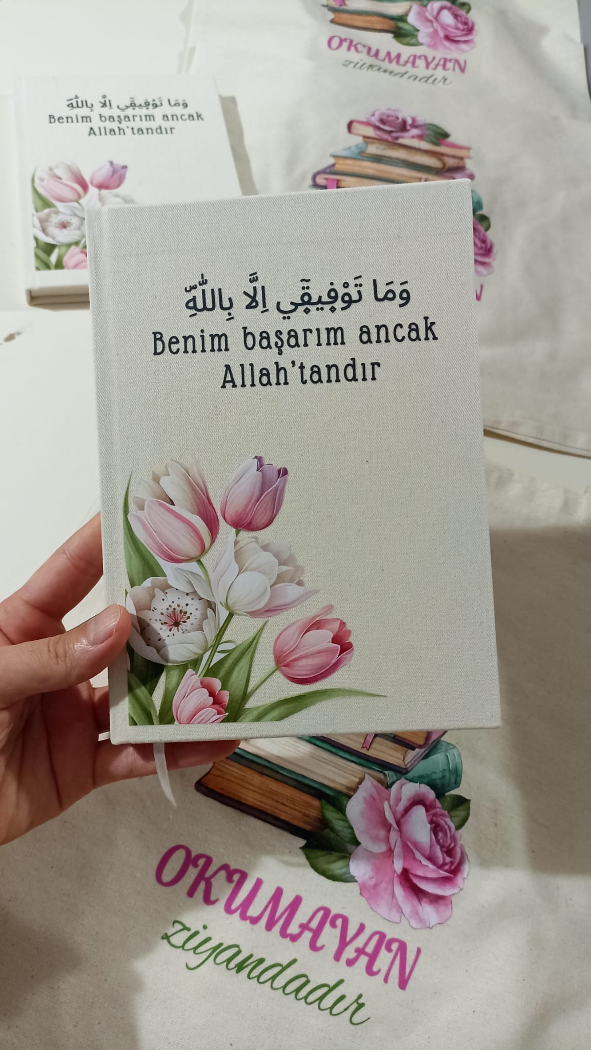 Pembe Renkli Çiçekler Ham Bez Çanta ve Kamvas Defter