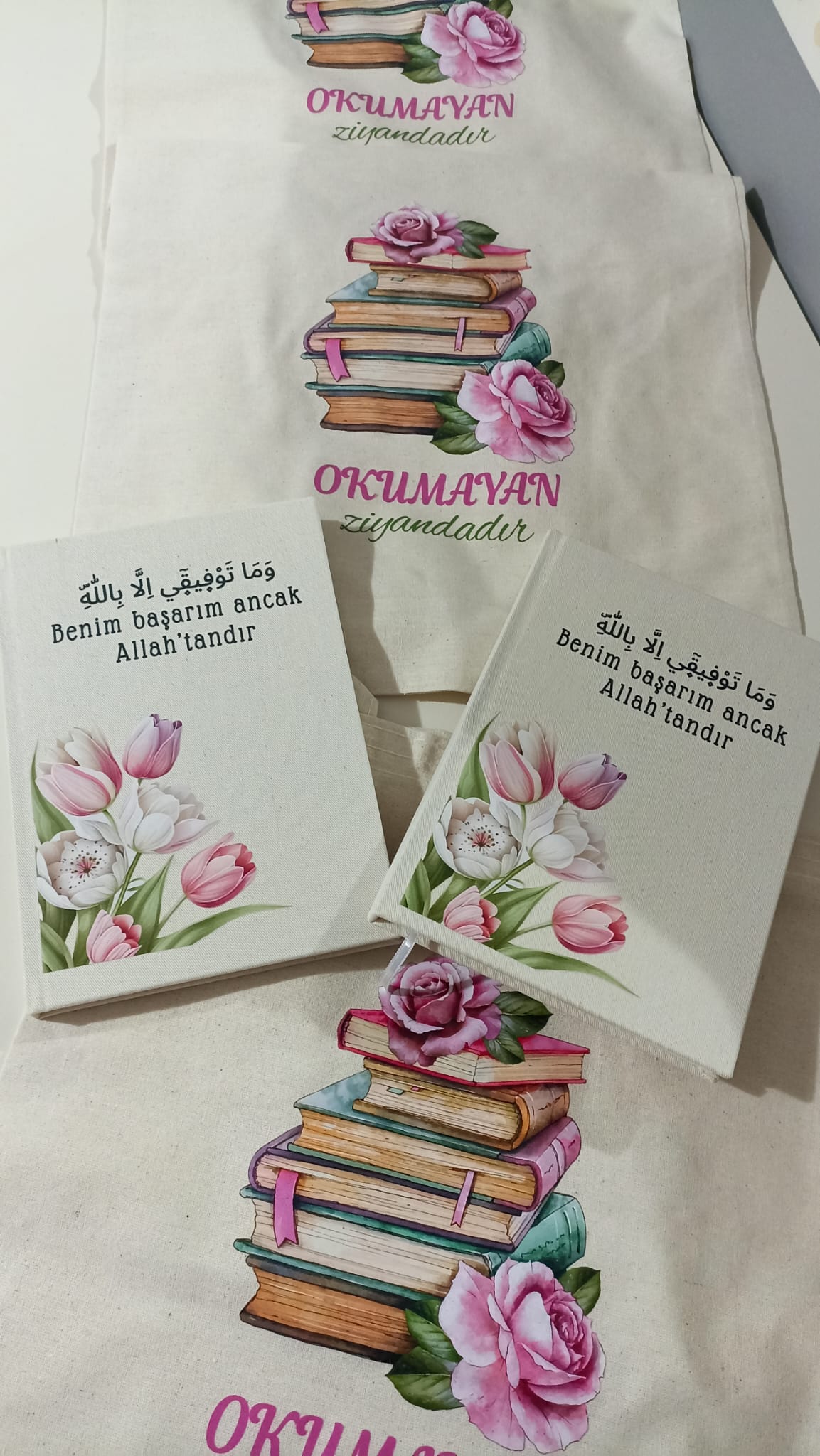 Pembe Renkli Çiçekler Ham Bez Çanta ve Kamvas Defter