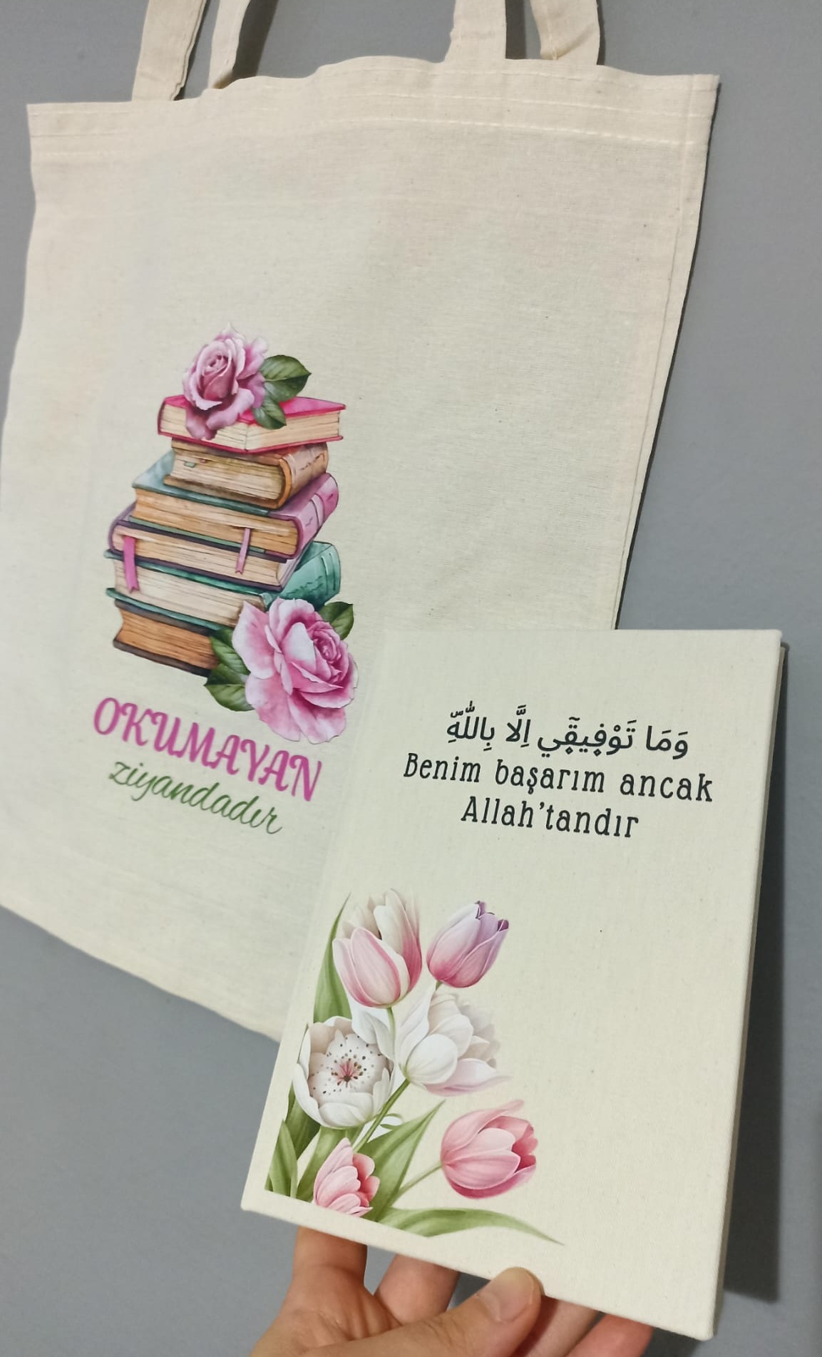 Pembe Renkli Çiçekler Ham Bez Çanta ve Kamvas Defter