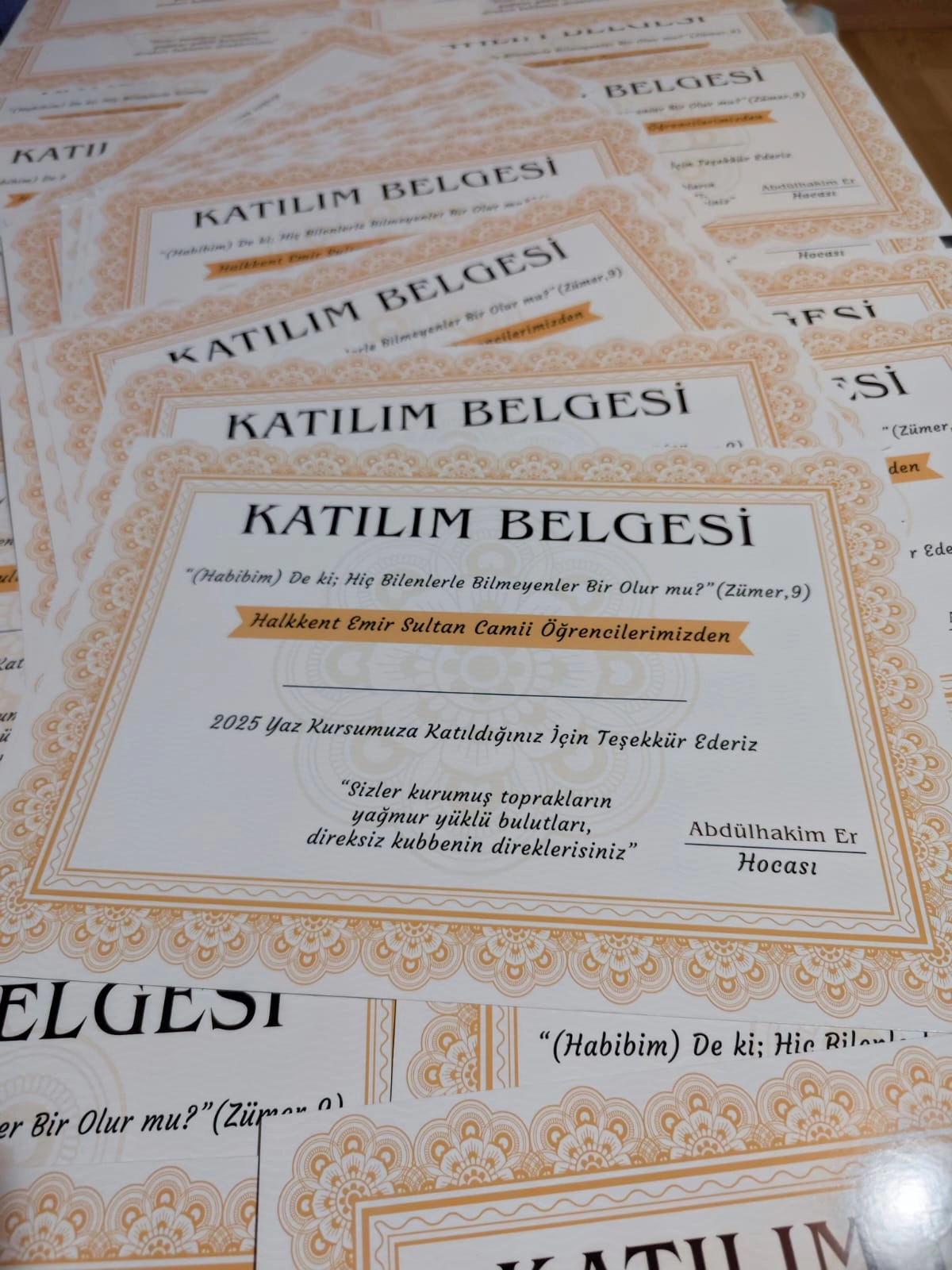 Yaz Kuran Kursu Katılım Belgesi - Standart